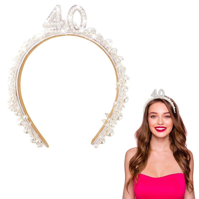 Vovii 40th Birthday Headband for Women, 40th Birthday Crown for 40th Birthday Outfit Dress for Women, Birthday Headband with Pearl for 40th Birthday Decorations, Happy 40th Birthday Decorations