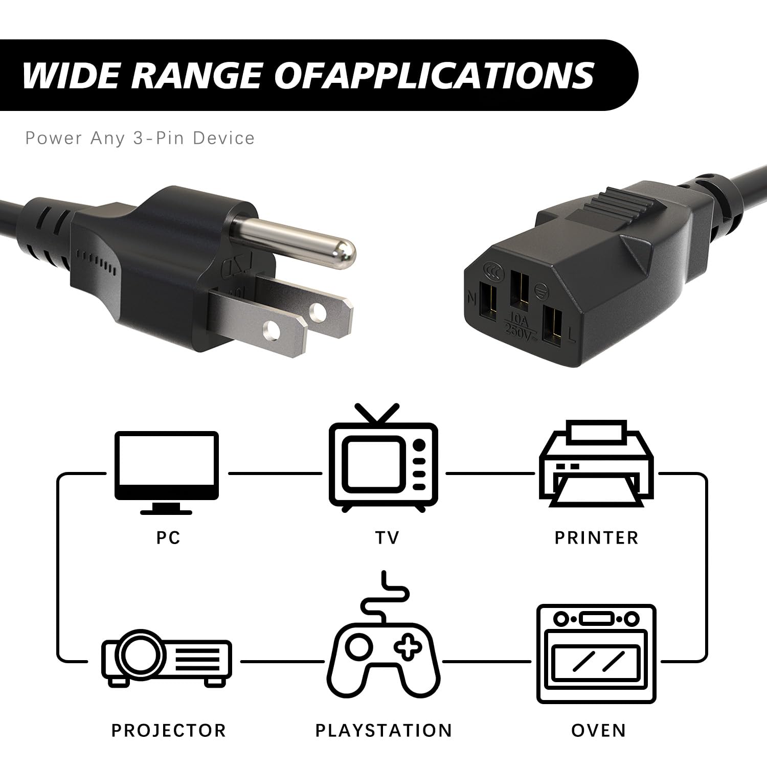 3 Prong Power Cord Compatible with Horizon Fitness Treadmills, Power Cable Replacement for BowFlex, Superfit, Sole E35 E55 F63 F80,for Goplus 2 in 1 Folding Treadmill,Computer TV ect Universal Charger