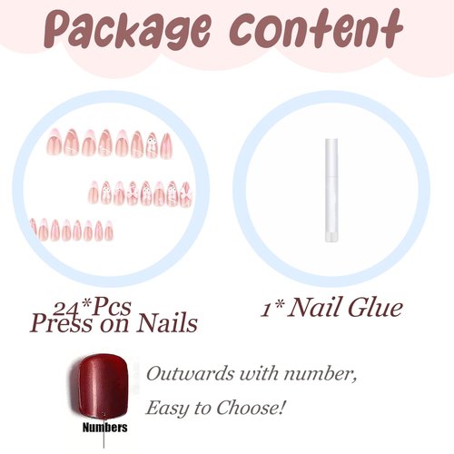 BABALAL Acrylic Press on Nails Medium Almond Fake Nails Pink French Tip Glue ons Bow Charm Design Cute Rabbit Nails Supplies 24Pcs Full Cover False Nails