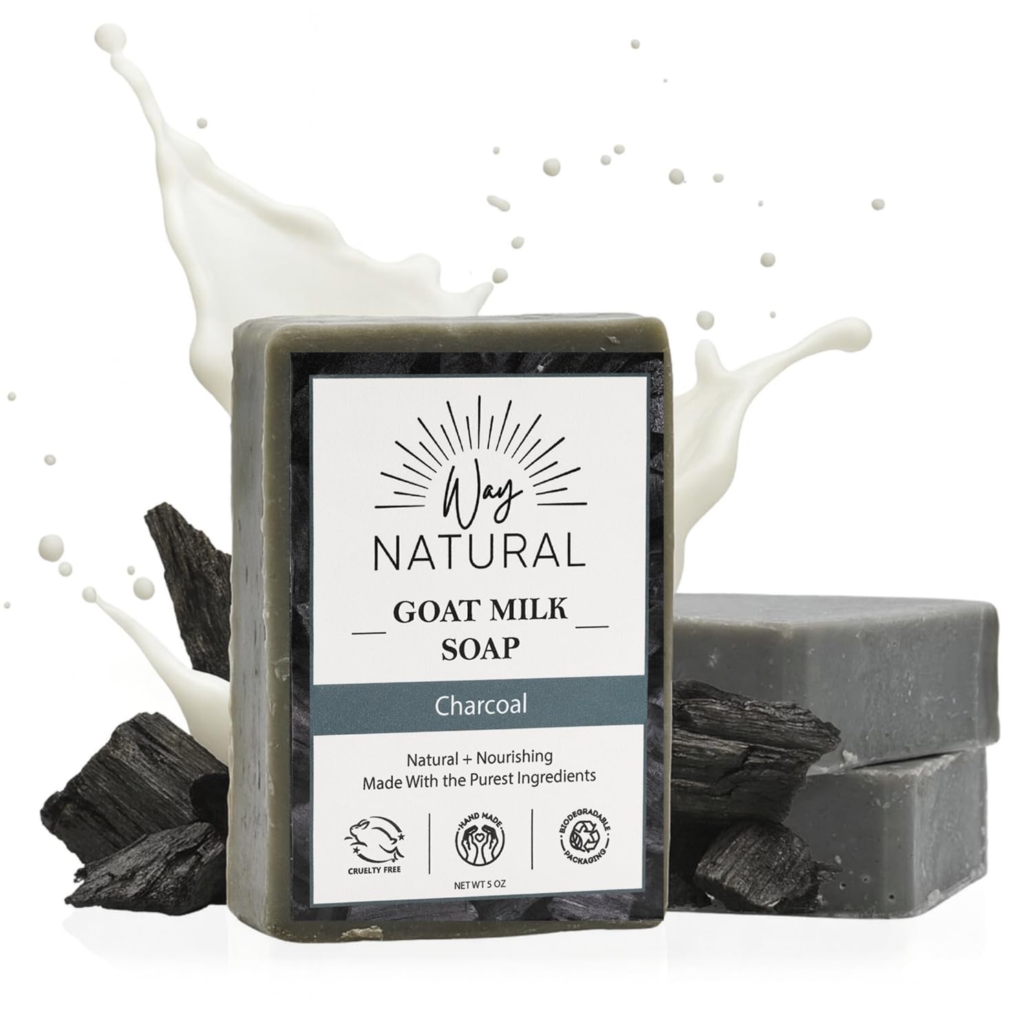 Activated Charcoal Soap Bar 3 Pack (5oz Bars) - Goat Milk Soap for Women & Men - Natural, Handmade Exfoliating Body Wash Bar - Moisturizing for Dry, Sensitive Skin, Fragrance-Free