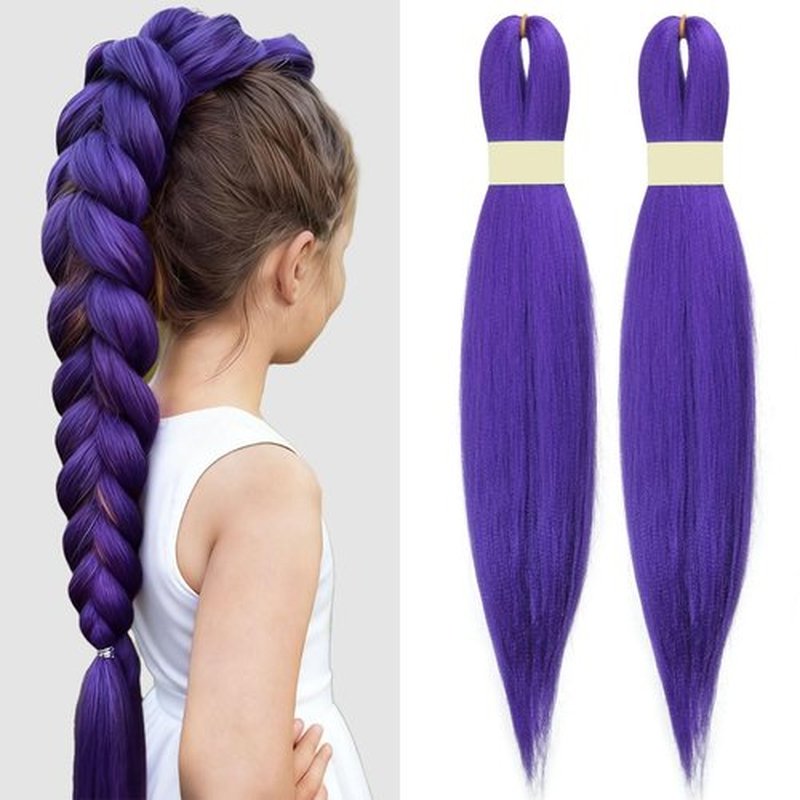 Beauday long Purple Braiding Hair Pre stretched Synthetic Hair Extensions for Braids,Yaki Texture Purple Hair Extensions for Stage Party Halloween Costume Cosplay 24 inch