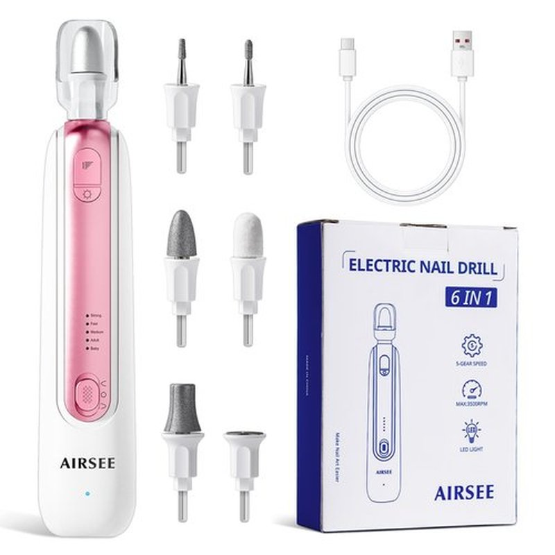 AIRSEE 5 in 1 Electric Nail File Set Cordless Nail Drill Machine,5 Speeds Hand Foot Care Tool for Nail Grind Trim，Pink