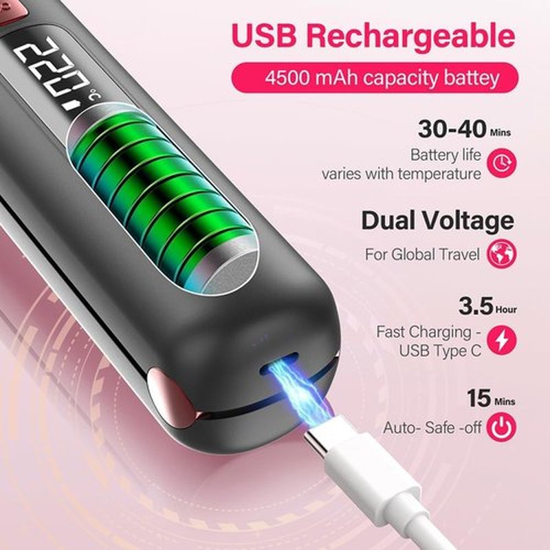 Cordless Hair Straightener and Curler 2 in 1 Mini Lightweight and Small USB Rechargeable with 4500mAh Battery 10s Fast Heating Portable Ceramic Flat Iron for Travel (Black)