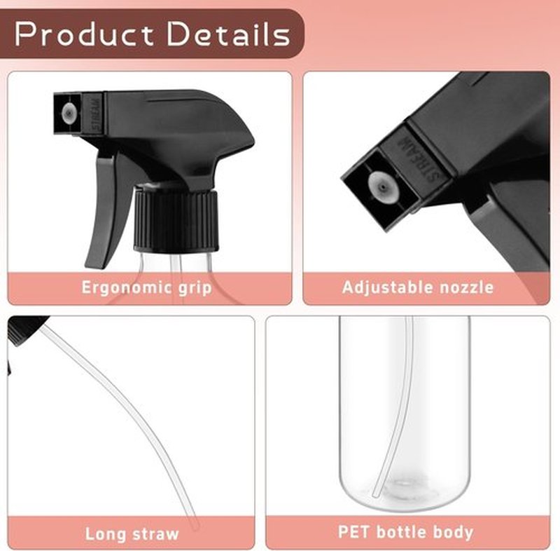 Skiennix 500ml Clear Boston Round Spray Bottles - Adjustable Nozzle for Cleaning, Hair Care & Gardening | 4-Pack
