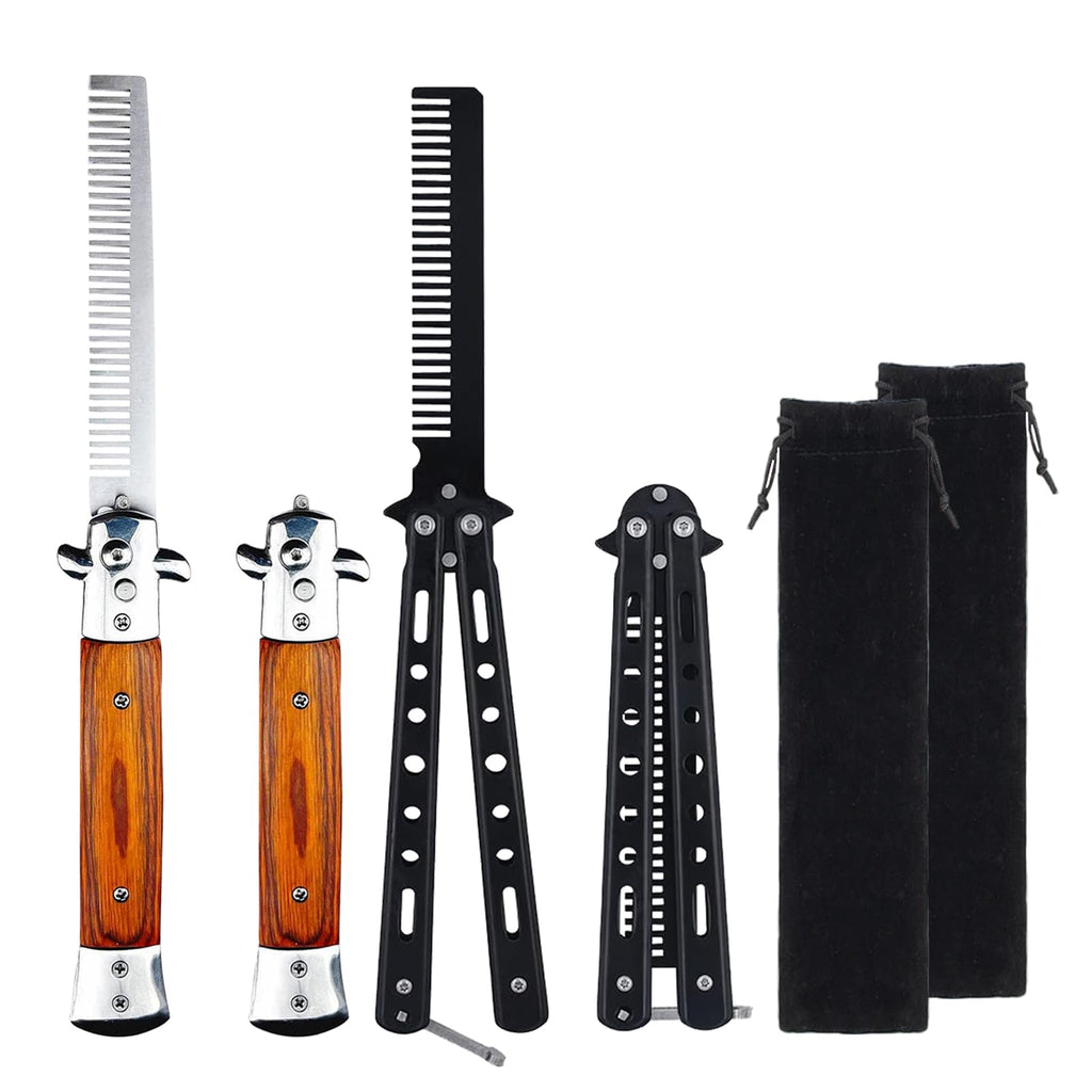 2 Pack Automatic Switch Folding Practice Combs, Stainless Steel Butterfly Comb, Switchblades Comb, Outdoor Training Pocket Combs, Hair Brush for Beard, Mustache, Hair Styling Tools(Black&Brown)