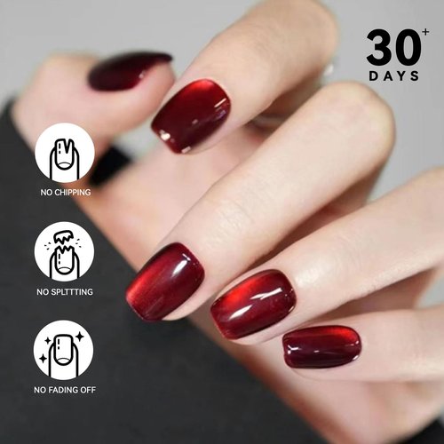 CUZIAM Wine Red Cat Eye Press on Nails Short Square, 32Pcs 16 Sizes Soft Gel Dark Black Red Glue on Nails for Women, Glossy Reusable Natural Fit Full Cover Stick on Nails Coffin Fake False Nails Kit