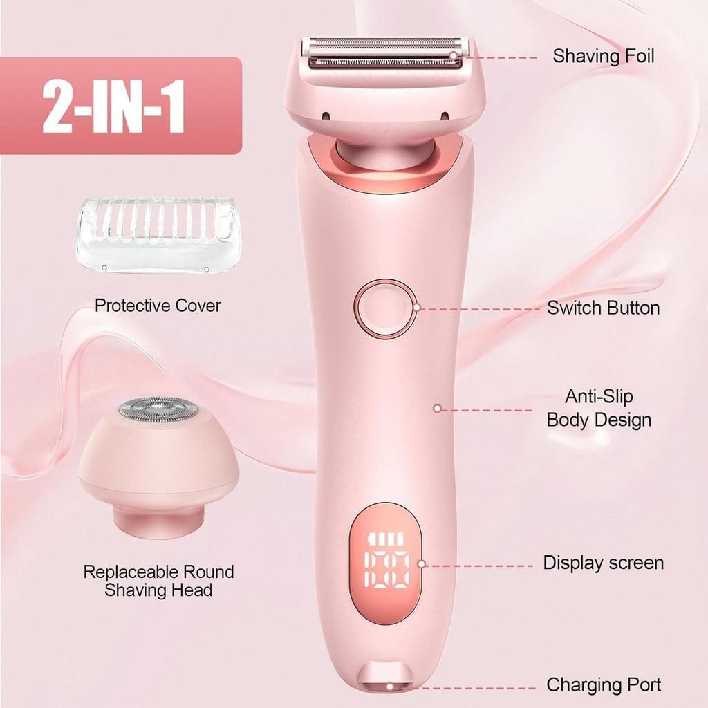 Electric Shaver for Women, Bikini Trimmer for Women, 2 in 1 Wet & Dry Painless Hair Removal with 2 Removable Heads for Bikini, Leg, Arm, Underarm, IPX7 Waterproof Rechargeable Design (Pink)