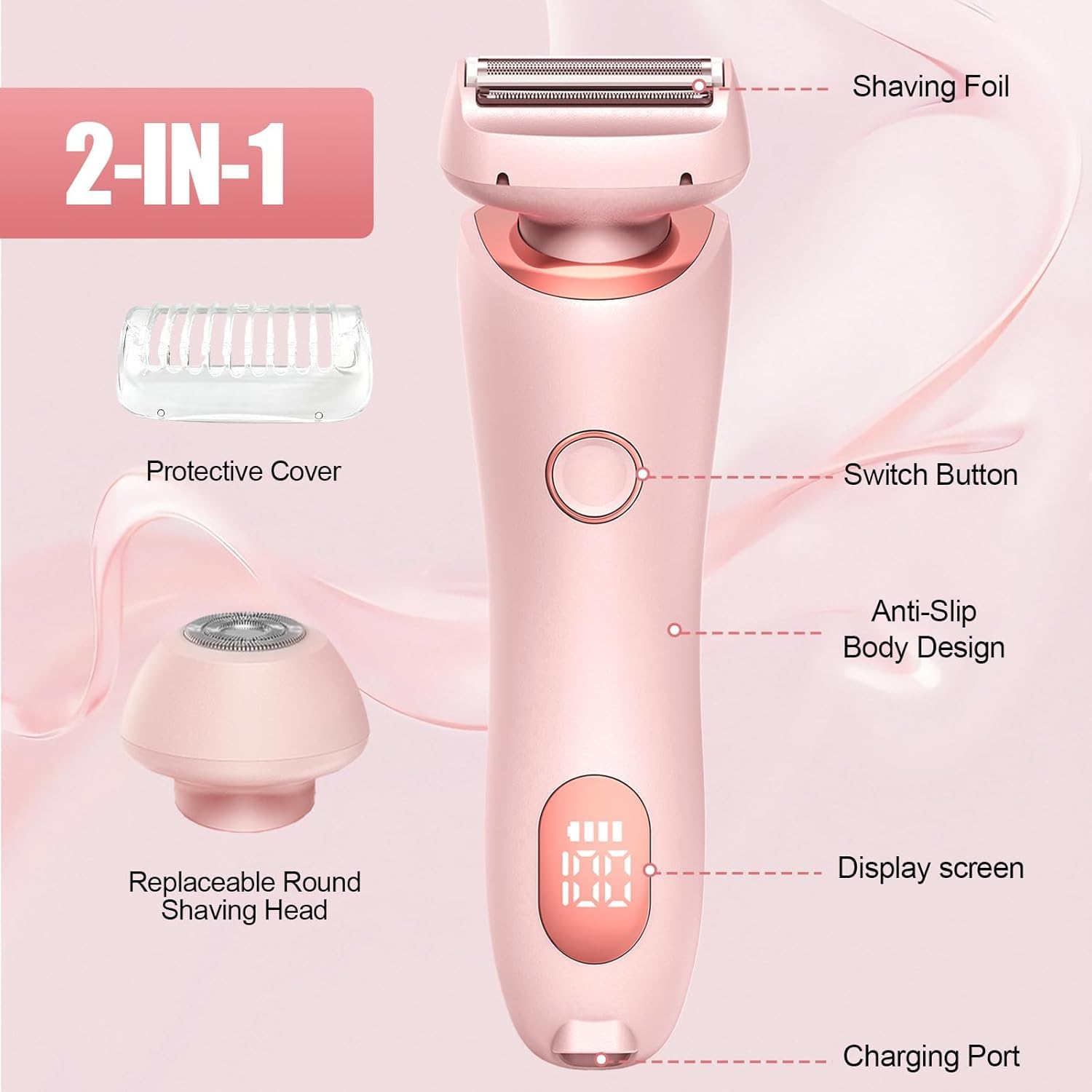 Electric Shaver for Women, Bikini Trimmer for Women, 2 in 1 Wet & Dry Painless Hair Removal with 2 Removable Heads for Bikini, Leg, Arm, Underarm, IPX7 Waterproof Rechargeable Design (Pink)