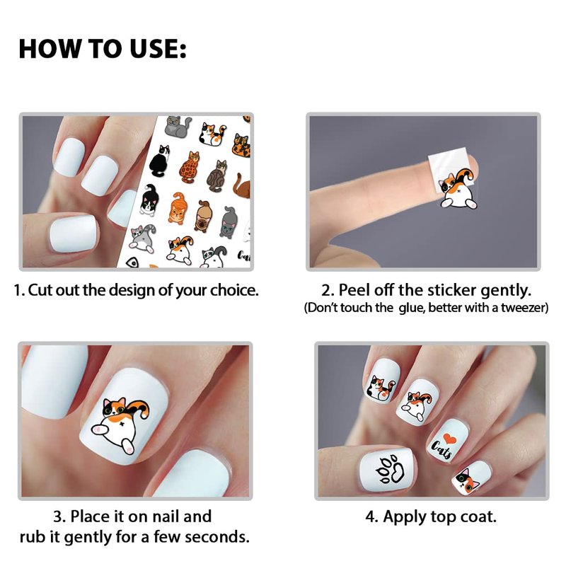 WIRESTER 8 Sheets of Nail Art Stickers Decals - Self-Adhesive Nail Decals for Women Kids Girls - Cats (Cat Face, Cat Paws, Fish Bone, Meow, Heart, Bow Tie)