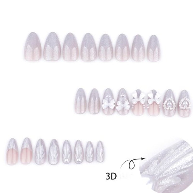 Hkanlre Medium Flower Press on Nails Pearl Rhienstones Fake Nails Tips Full Cover Almond False Nails for Women 24PCS