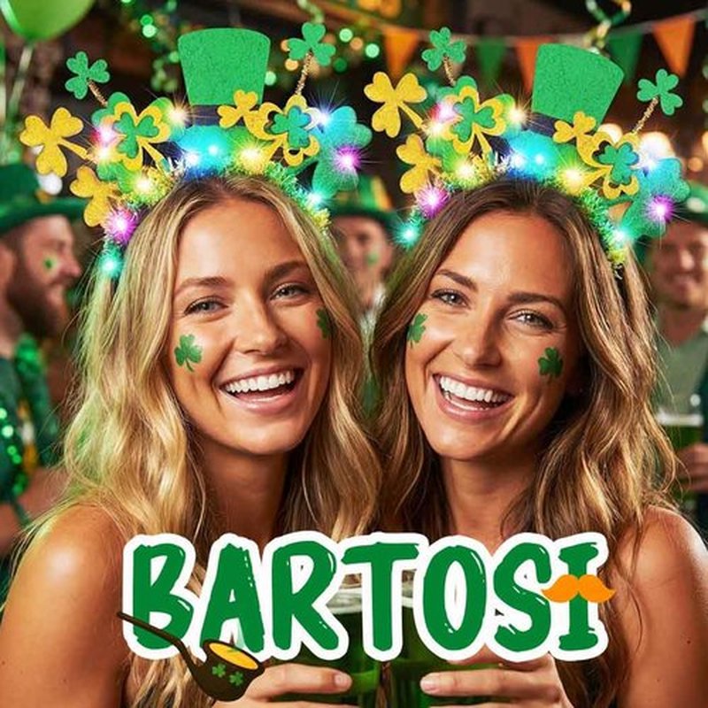 BARTOSI Light Up St Patrick's Day Headband LED Shamrock Hat Headbands Irish Green Hair Accessories for Women and Girls