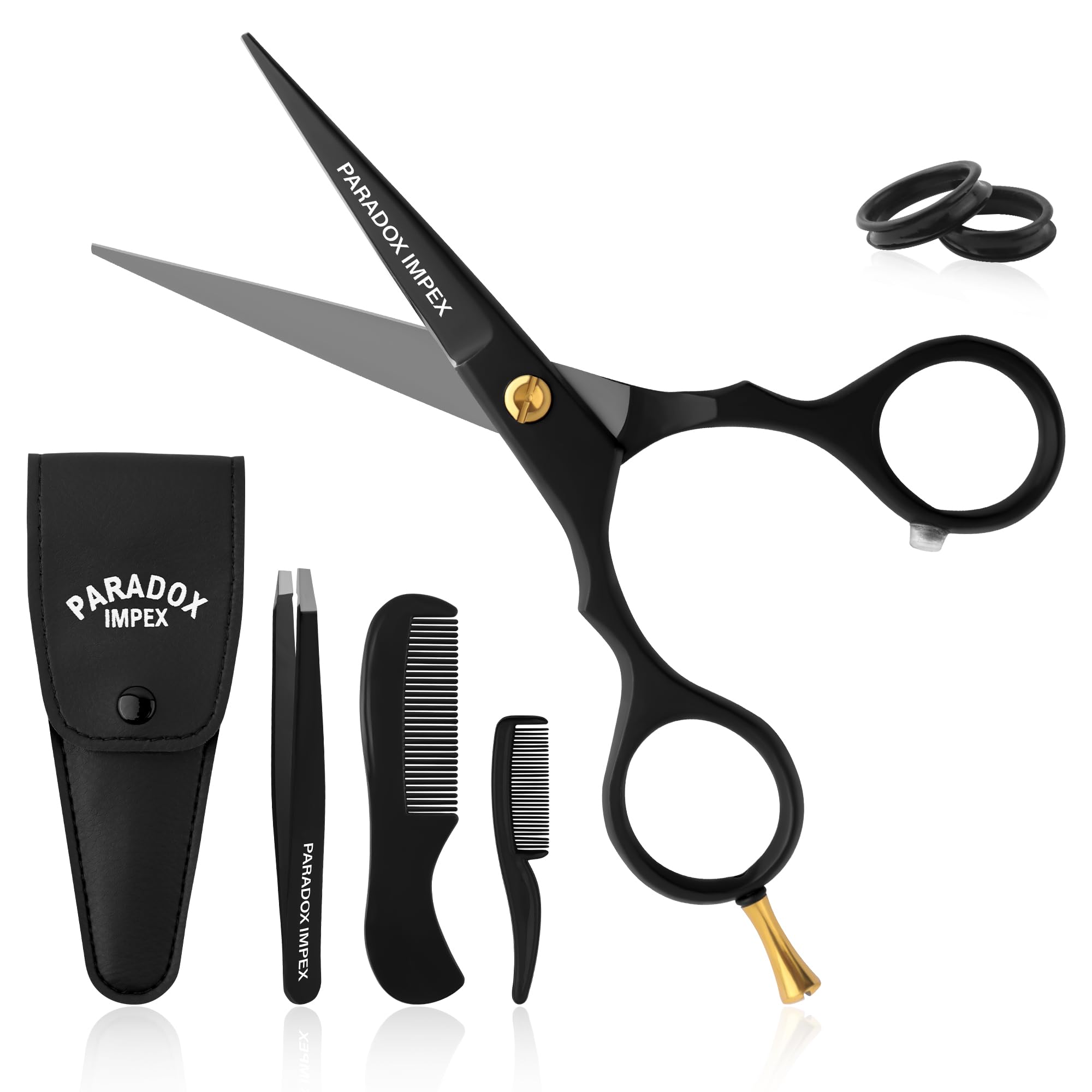 PARADOX IMPEX 5” Beard and Mustache Scissors, German Stainless Steel Beard Scissors Come with 1 Tweezers, 1 Beard Comb, 1 Mustache Comb and Pouch, Hair Scissors for All Facial Hairs. (Black)