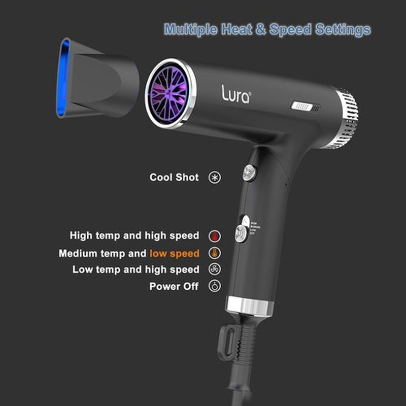 LURA Auto Dual Voltage Hair Dryer - Compact Travel Blow Dryer with Diffuser for Women | Lightweight & Portable (Black)
