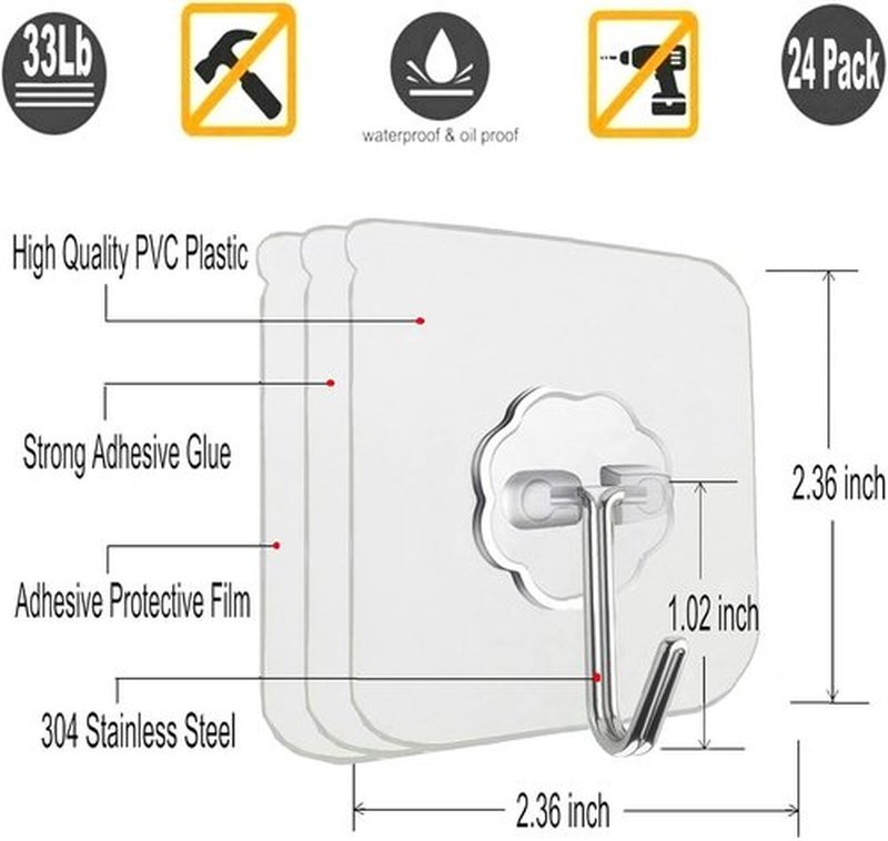 Jwxstore Heavy Duty Self-Adhesive Hooks - 33lb Max Capacity, Transparent & Waterproof | 24 Pack for Home & Outdoor Use