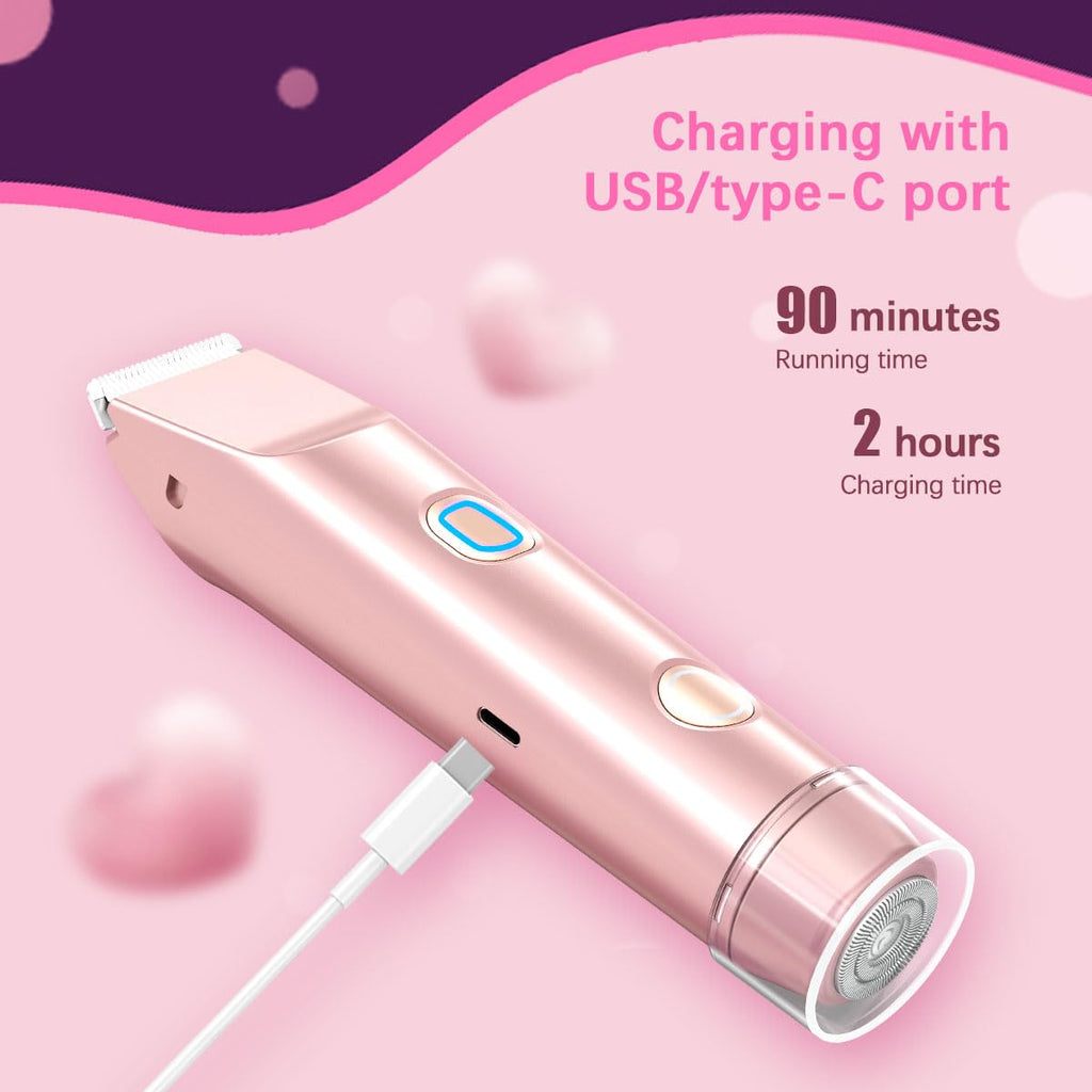 Bikini Trimmer for Women, 2-in-1 Electric Razor with Ceramic Trimmer & Rotary Shaver, IPX7 Waterproof Wet/Dry Women’s Body Shaver, USB-C Rechargeable Razor for Bikini Line, Legs, Underarms