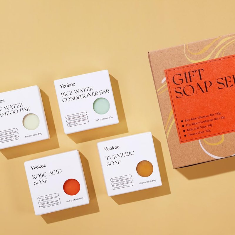 Yeokoe Turmeric Soap Bar & Rice Water Shampoo Conditioner Set - Deep Cleansing, Spa Gift for Women