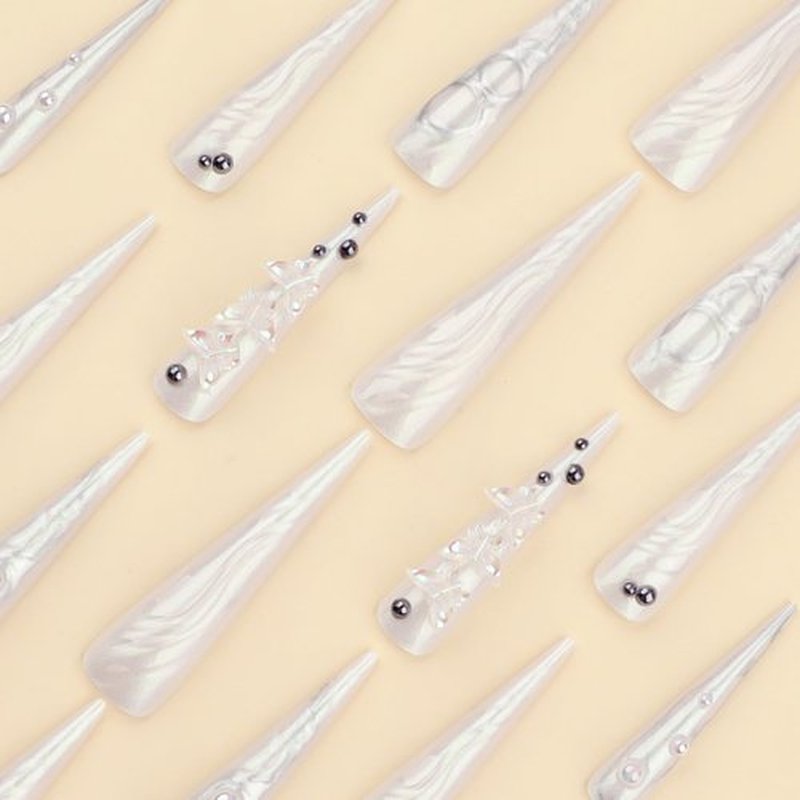 Extra Long Press on Nails - Stiletto Fake Nails with 3D Butterfly Design - White Full Cover Stick on Nails for Women 24 Pcs