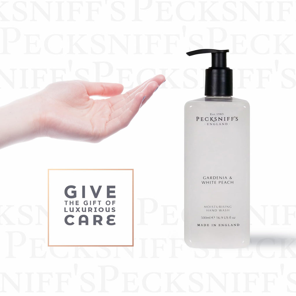 Pecksniff's Moisturizing Hand Wash - Vitamin B Enriched, Natural & Gentle Cleanser, Luxurious Hand Wash 500ml/16.9 fl oz (Gardenia & White Peach)