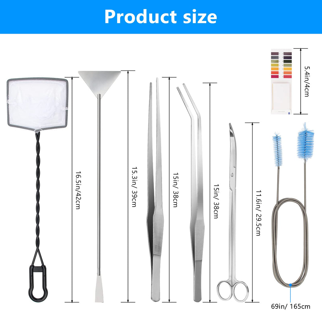 Extra Long Aquarium Aquascaping Tools Kit 8 in 1, Liveek Stainless Steel Aquarium Plant Tools Long Fish Tank Aquascape Tweezers Scissors Scrapers, PH Paper, Fish Net, Aquascape Clean Brush, Bag