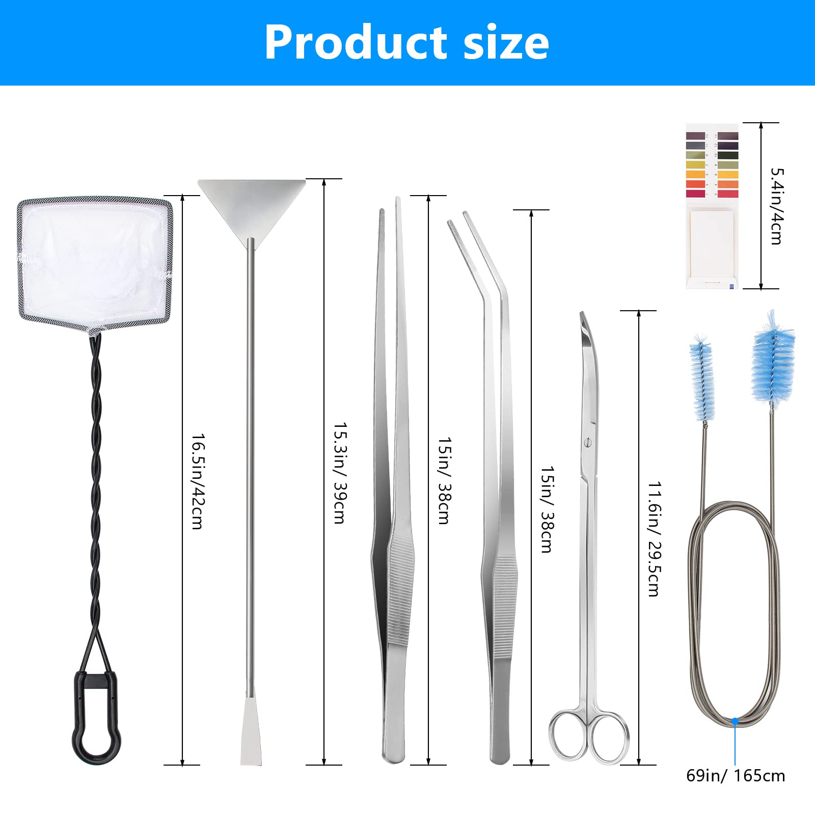 Extra Long Aquarium Aquascaping Tools Kit 8 in 1, Liveek Stainless Steel Aquarium Plant Tools Long Fish Tank Aquascape Tweezers Scissors Scrapers, PH Paper, Fish Net, Aquascape Clean Brush, Bag