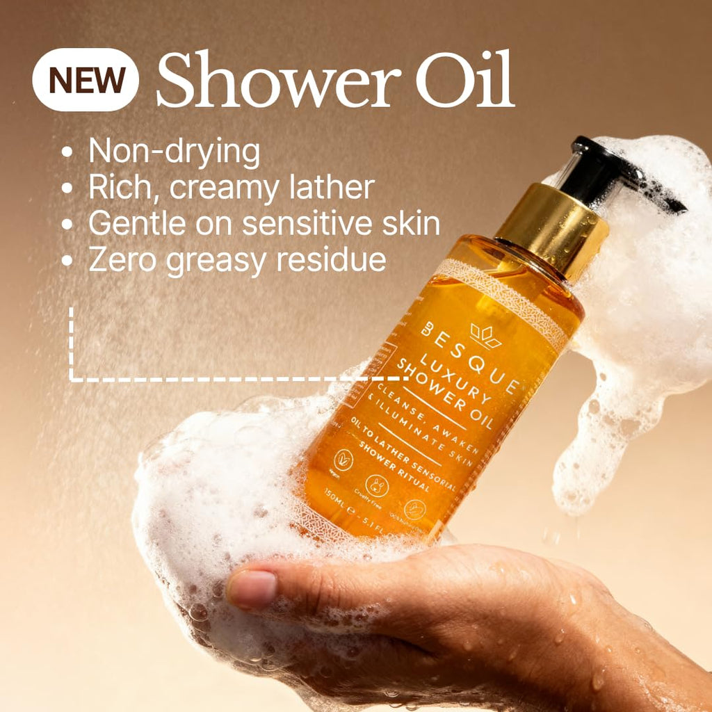 Besque Luxury Shower Oil, 5.1 FL OZ, Natural Hydrating Body Wash for Women with Sweet Almond, Rosehip & Evening Primrose & Vitamin E, Gentle Oil Cleanser for Sensitive, Dry & Aging Skin - Pack of 1