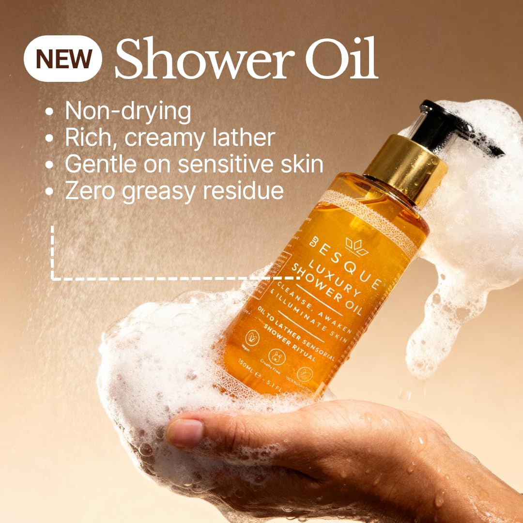 Besque Luxury Shower Oil, 5.1 FL OZ, Natural Hydrating Body Wash for Women with Sweet Almond, Rosehip & Evening Primrose & Vitamin E, Gentle Oil Cleanser for Sensitive, Dry & Aging Skin - Pack of 1
