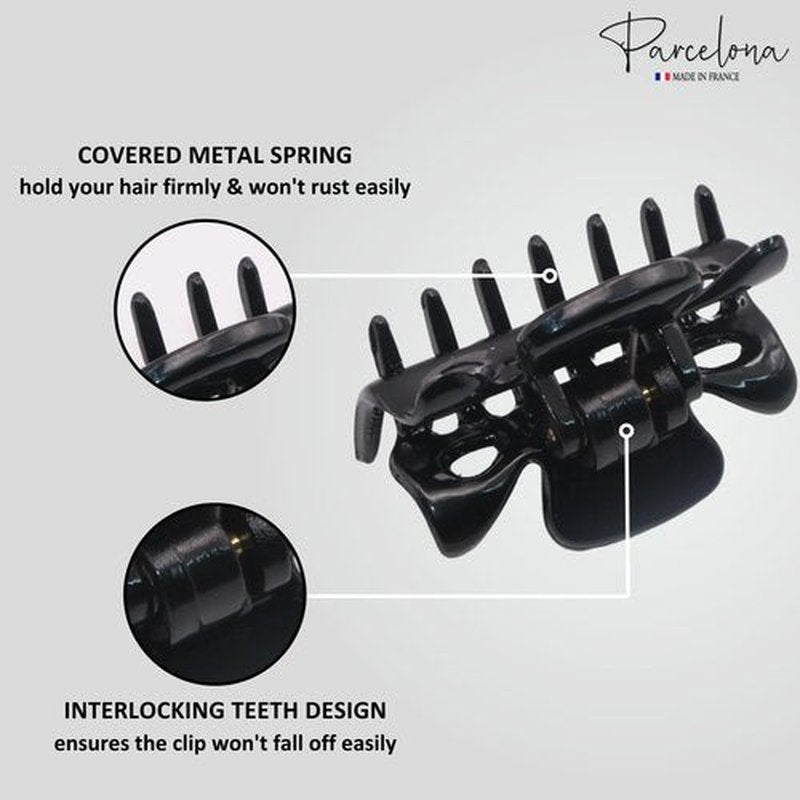 Parcelona French Classic Very Small 1 1/2" Claw Clips with Tight Spring Set of 3 Girls Hair Jaw Claw Clips Durable Styling Women Hair Accessories, Made in France (Black)