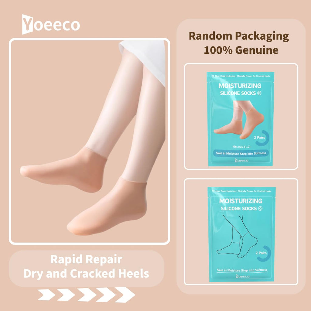Yoeeco Reusable Silicone Socks for Dry Cracked Feet & Heels - Moisturizing Socks for Women and Men Fits Sizes US5-12 - Lotion Rubber Socks for Overnight Repair & Spa Treatment (Beige & Pink)
