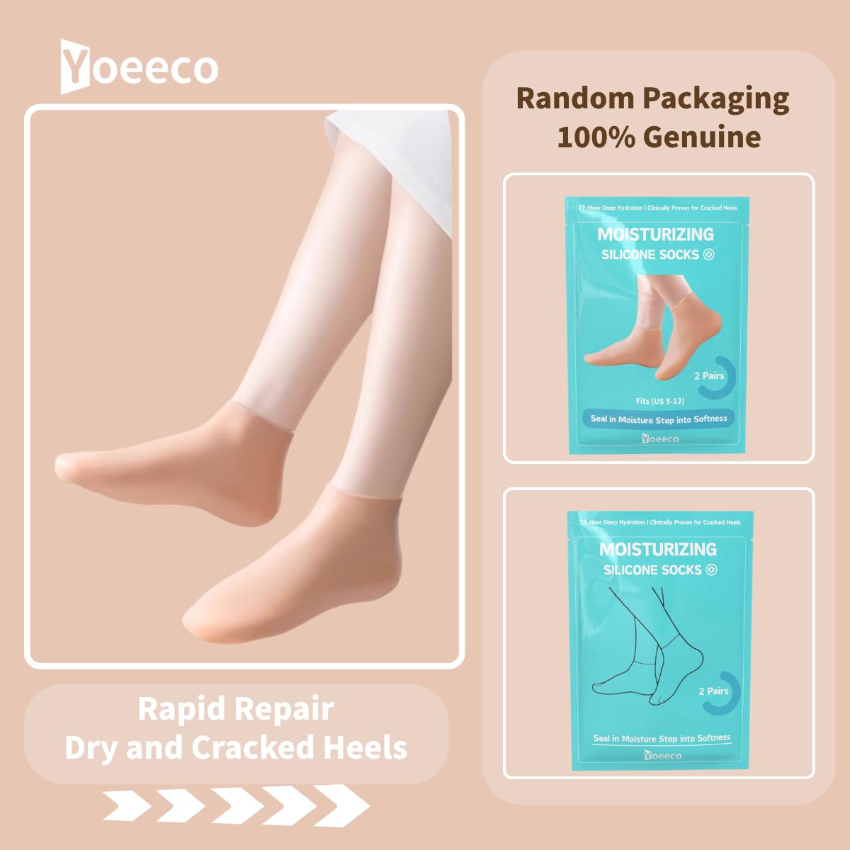 Yoeeco Reusable Silicone Socks for Dry Cracked Feet & Heels - Moisturizing Socks for Women and Men Fits Sizes US5-12 - Lotion Rubber Socks for Overnight Repair & Spa Treatment (Beige & Pink)