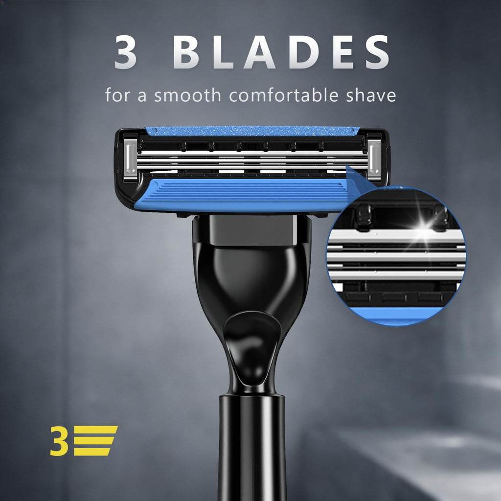 FYNEDGE 3-Blade Men Razor with Lubricating Strip & Pivoting Head - Safety Razor Blades Kit Includes 1 Handle, 4 Razor Blade Refills, Wall Hook & Cleaning Brush