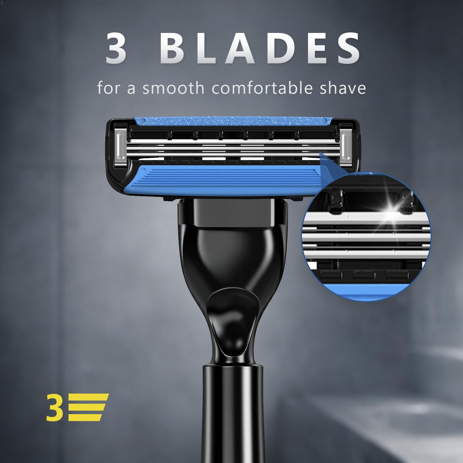 FYNEDGE 3-Blade Men Razor with Lubricating Strip & Pivoting Head - Safety Razor Blades Kit Includes 1 Handle, 4 Razor Blade Refills, Wall Hook & Cleaning Brush