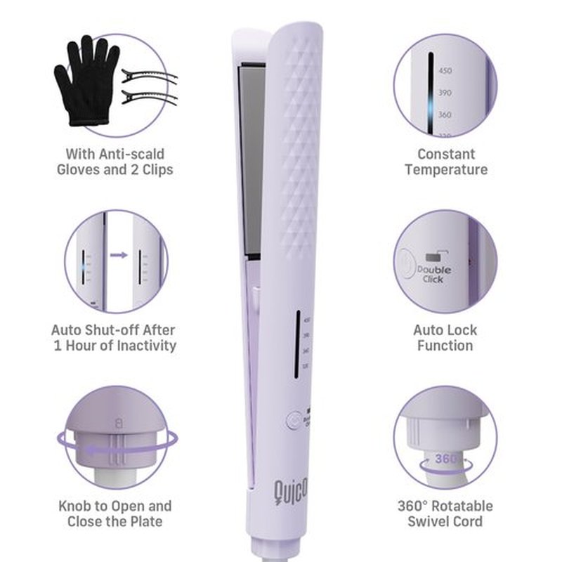 Quico Hair Straightener, 110-240V Global Travel Hair Straighteners for women, 15s Fast Heating, Professional Negative Ion Flat Iron, Temp Memory, 320℉-450℉, Auto-Off, with Glove and Clips, Gift, Lilac