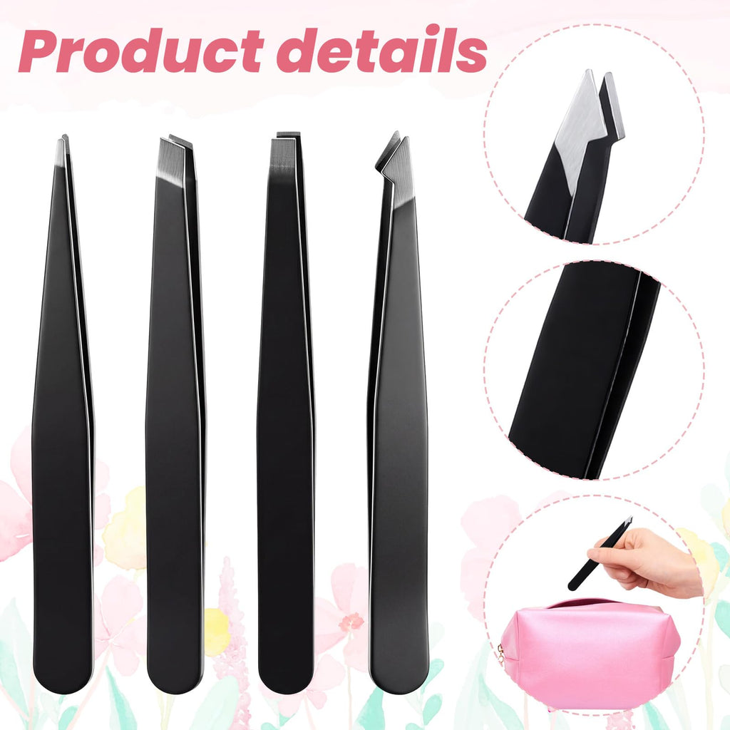 4 Pack Tweezers for Eyebrows, Stainless Steel Pointed Tip Ingrown Hair Removal Tweezers Black Precision Tweezer Set for Women Men Precision for Eyebrows Facial Ingrown Hair and Splinter Removal