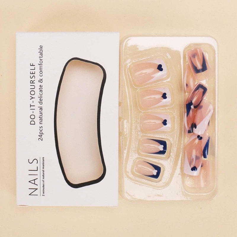 YoYoee Medium French False Nails Nude Square Nails Tips Cute Press on Nails Blue Fake Nails for Women and Girls 24PCS