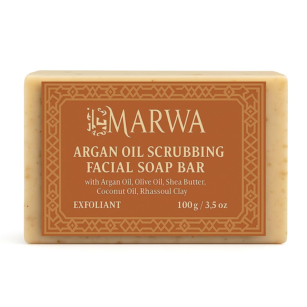 Dar Marwa Organic Vegan Argan Oil Exfoliating Soap - Handmade Face & Body Bar with Antioxidant Botanicals, Rhassoul Clay & Argan Scrub, 3.5oz
