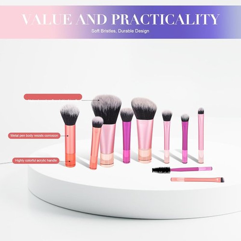 Skiennix Portable Mini Travel Makeup Brush Set - 10 Pcs with Soft Synthetic Bristles for Full Face | Compact Pouch Included