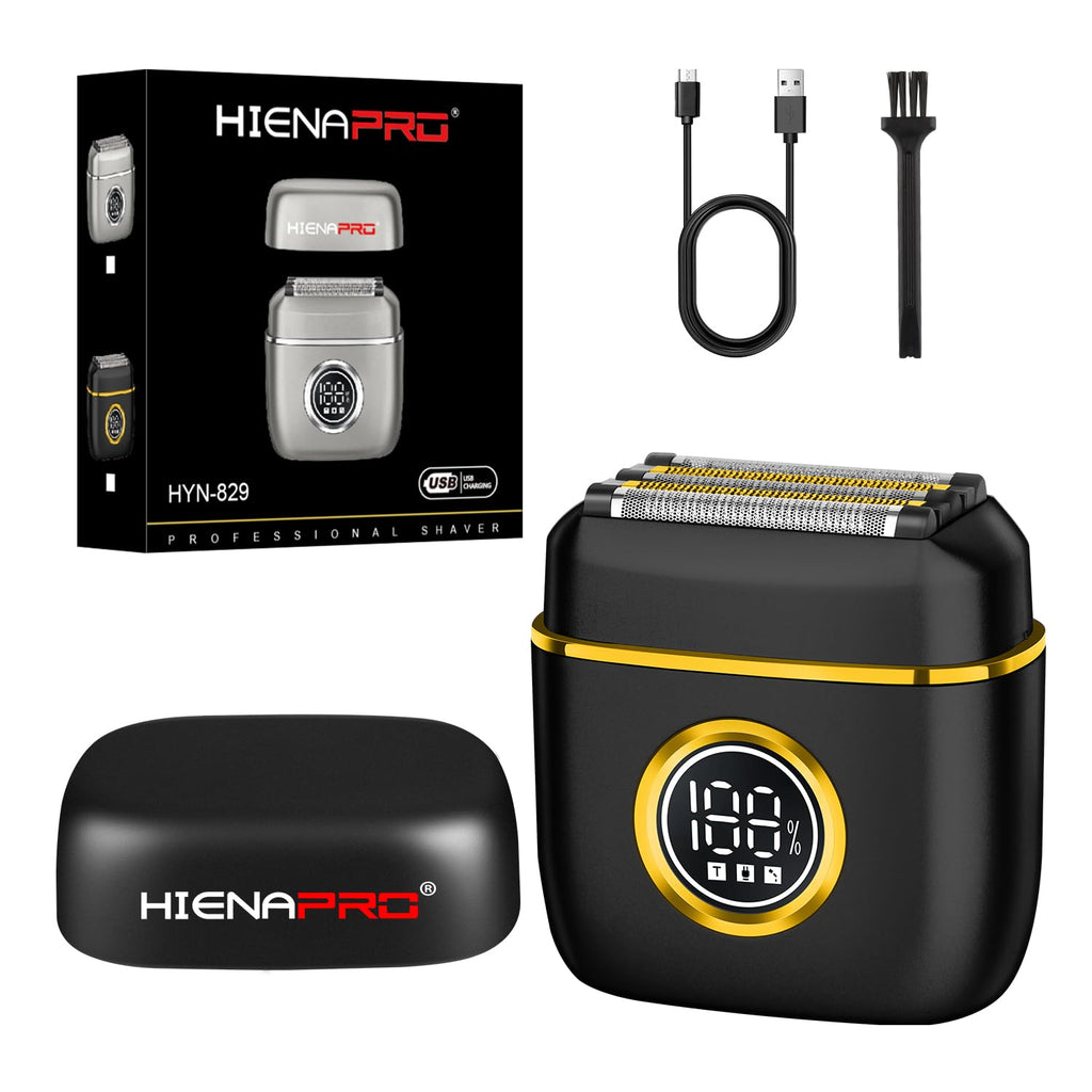 HIENA PRO Men's Electric Foil Shaver - USB-C Rechargeable, IPX7 Waterproof, Pocket-Sized with LED Display for Travel & Home (Black Gold)