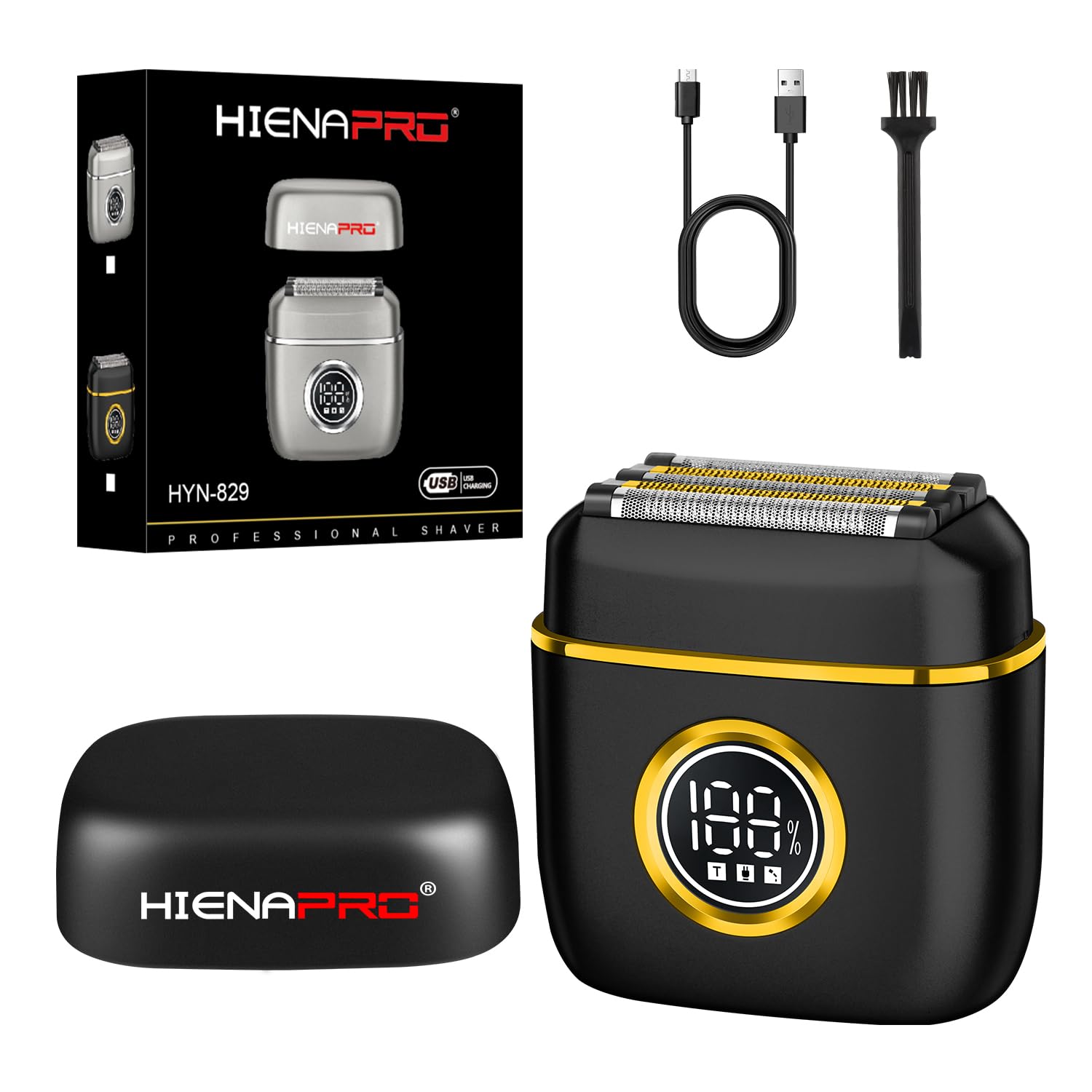 HIENA PRO Men's Electric Foil Shaver - USB-C Rechargeable, IPX7 Waterproof, Pocket-Sized with LED Display for Travel & Home (Black Gold)