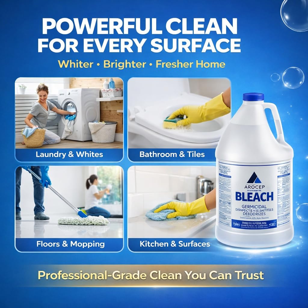 Liquid Chlorine Bleach Gallon – 6Pcs 1 Gallon Jug Bleach for Laundry, Household Cleaning, Commercial Use - Highly Concentrated Formula Bathroom Cleaner Ideal for Kitchen Surfaces, Tiles, Floors