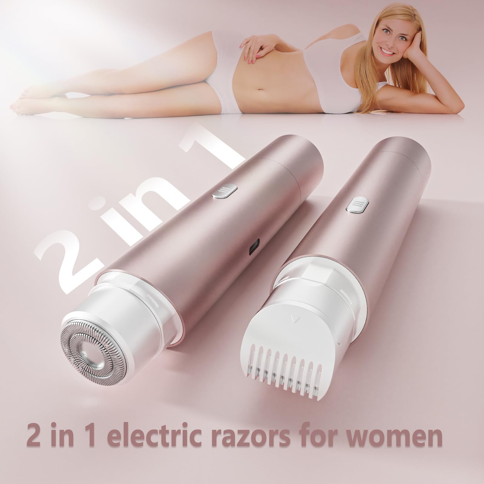 Women's Bikini Trimmers, Dual Head Cordless Body & Face Hair Electric Shaver, IPX8 Waterproof Wet & Dry Razor for Legs, Underarms & Sensitive Skin – Rose Pink