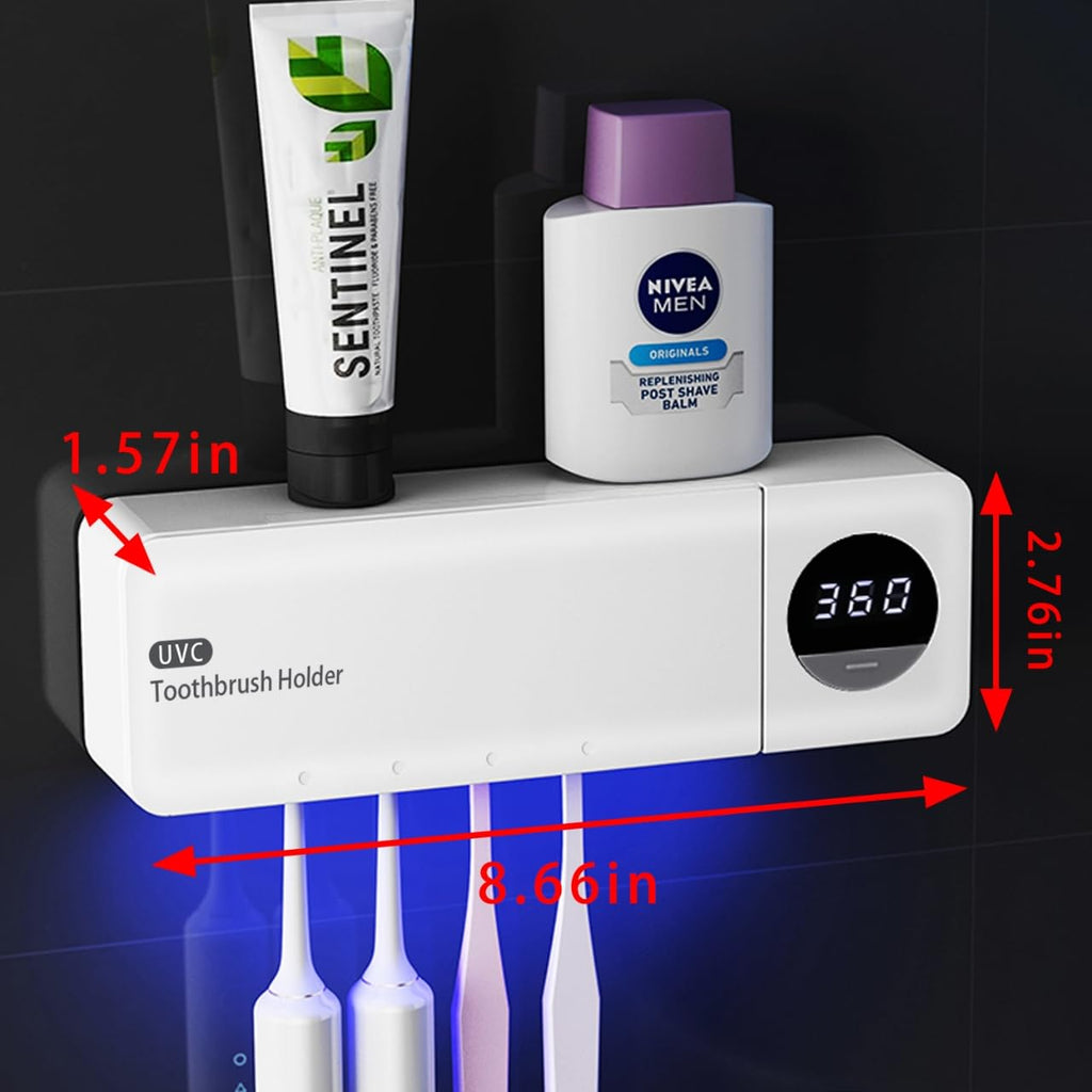 JDUanL Cordless Sanitizeri Toothbrush Holder, Sanitizeri Toothbrush Cleaner with 4 Slots & 360s Timer Function, No-Drill Rechargeable Wall Mounted Toothbrush Holders for Bathroom Family, White