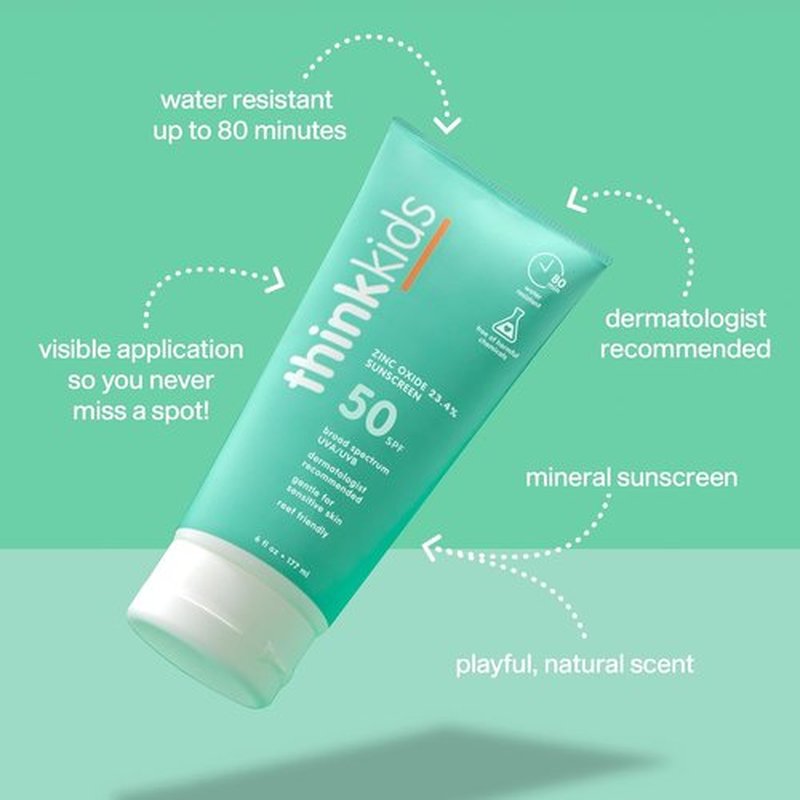 Thinkkids SPF 50+ Mineral Sunscreen - Natural, Water-Resistant Baby Sun Cream | Broad Spectrum UVA/UVB Protection - 6 Fl Oz