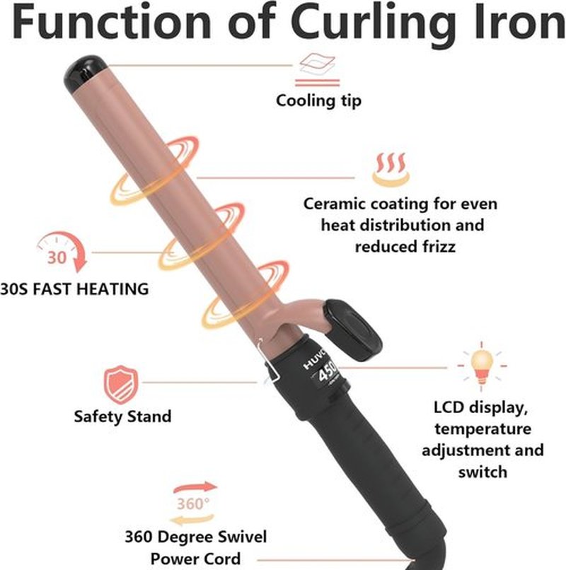 Skiennix 1-1/4 Inch Curling Iron - Fast Heating Ceramic Curler with LCD Display, Adjustable 180°F-450°F, Rose Gold