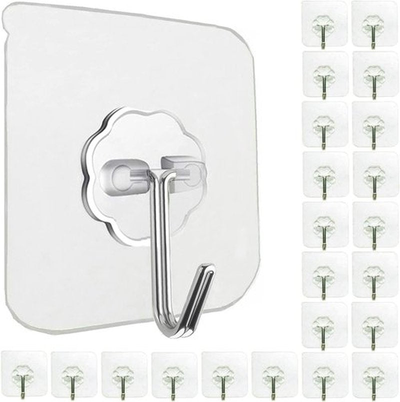 Jwxstore Heavy Duty Self-Adhesive Hooks - 33lb Max Capacity, Transparent & Waterproof | 24 Pack for Home & Outdoor Use