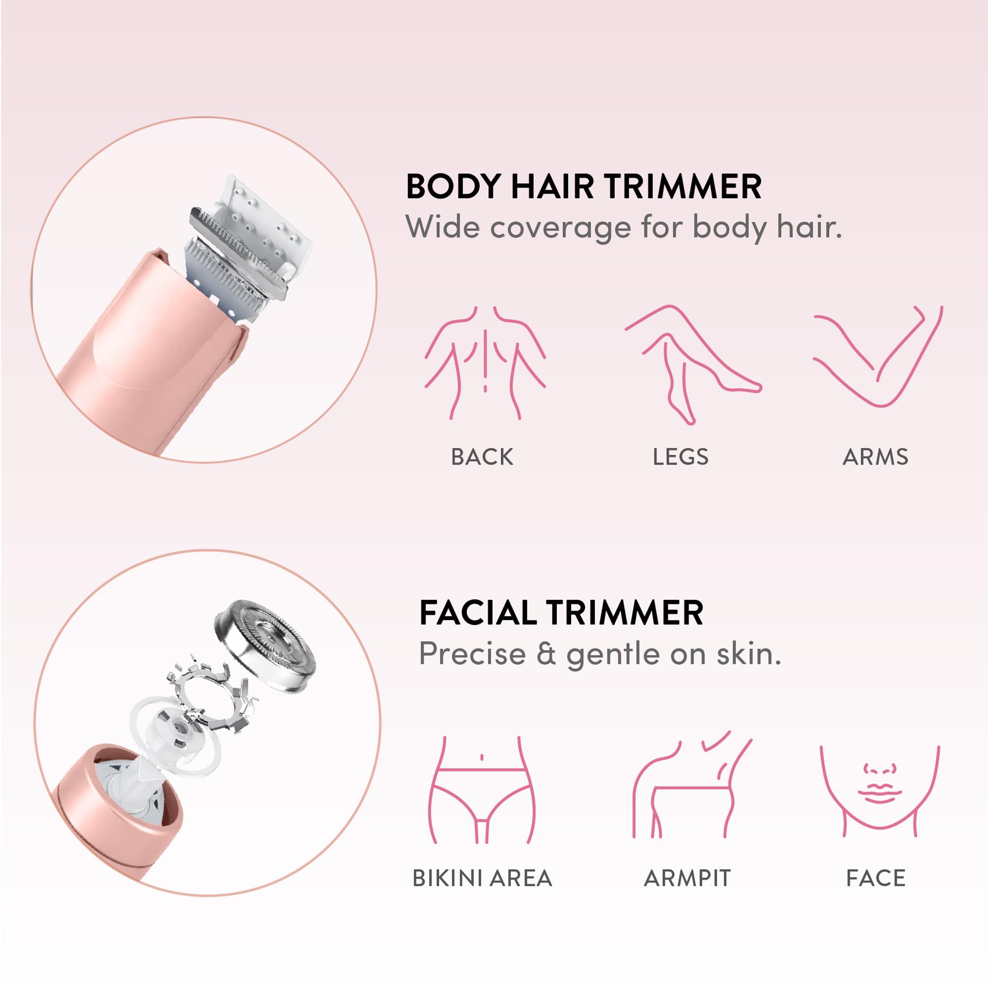 MAVIÉ Dual Head Bikini Trimmer for Women, Electric Razor for Face & Body, Painless Hair Removal Tool, Precision & Body Shaving Heads, Cordless Rechargeable, Portable Grooming Device (Pink)