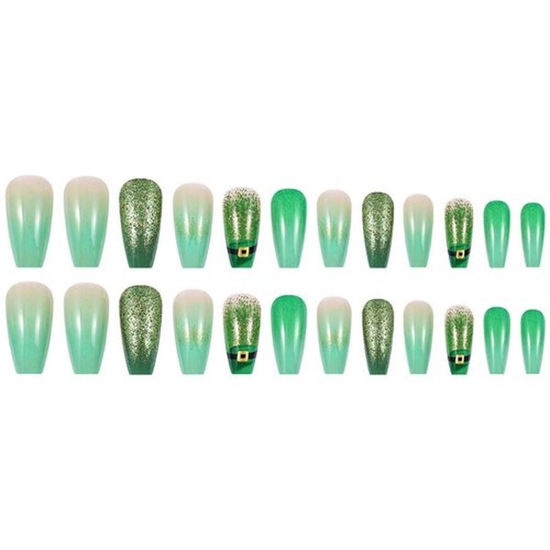 St. Patrick's Day Press on Nails Medium Coffin Fake Nails Green Gradient Glue on Nails Glossy Shiny Stick on Nails Reusable Full Cover Artificial Acrylic False Nails Kit Press on Nails for Women 24Pcs