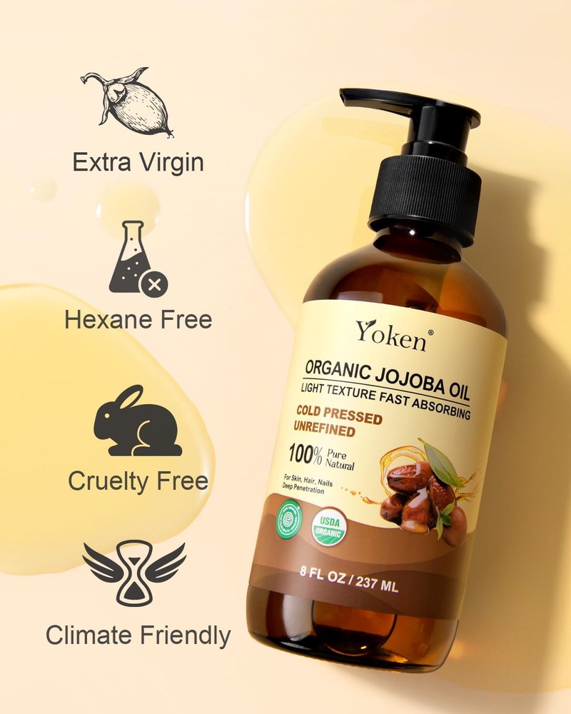 Yoken Organic Jojoba Oil - 100% Pure & Natural Cold Pressed Oil | 8 fl oz Glass Bottle for Hair, Skin & Face