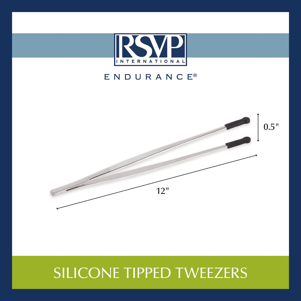 RSVP International Endurance Silicone Tipped Kitchen Tweezers Food Safe, Durable Stainless Steel, Heat Safe up to 475 Degrees F, 12" Length