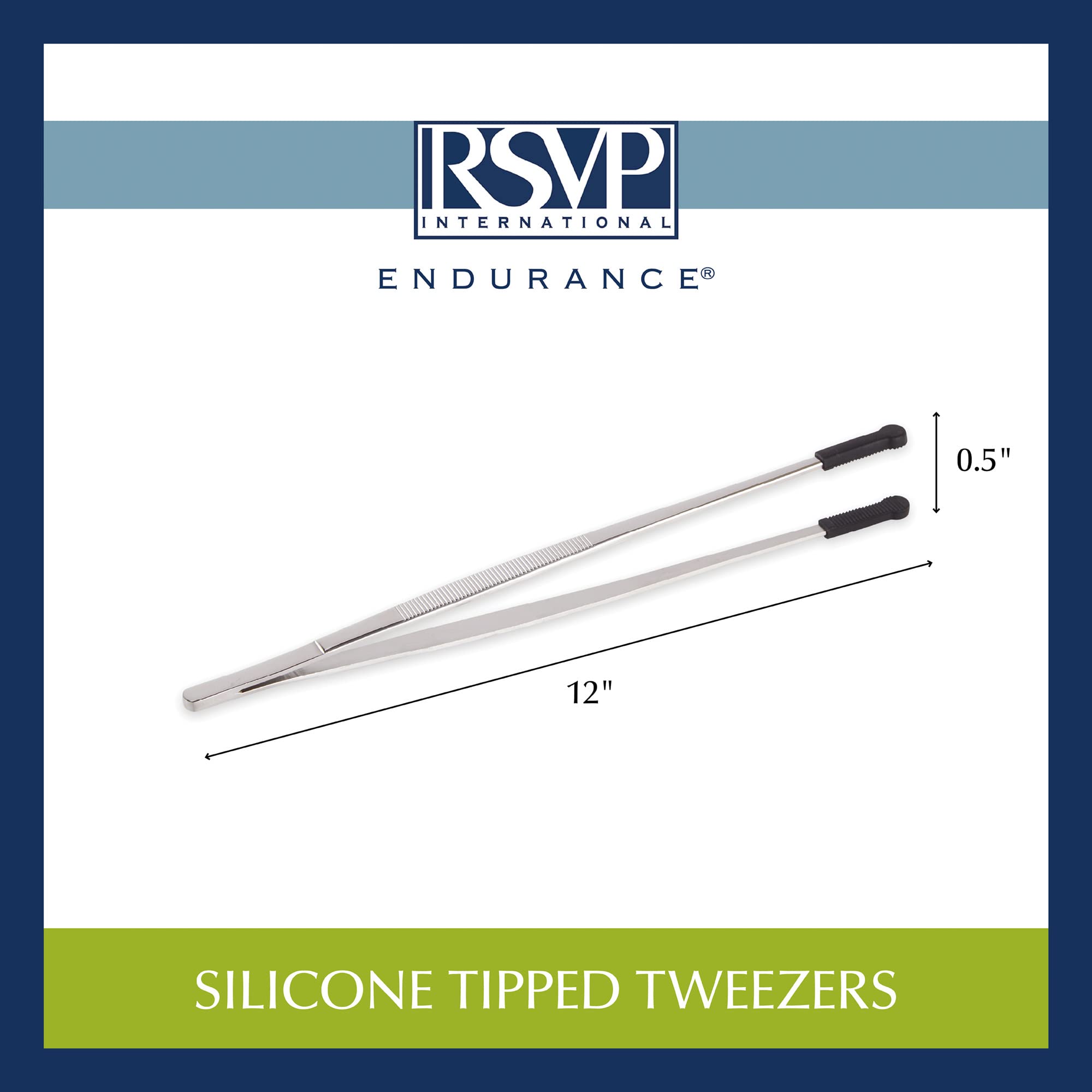 RSVP International Endurance Silicone Tipped Kitchen Tweezers Food Safe, Durable Stainless Steel, Heat Safe up to 475 Degrees F, 12" Length