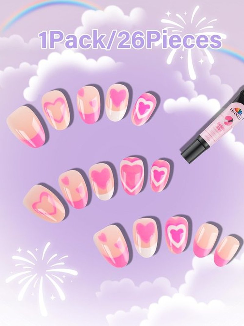 26 Pieces Press on Nails for Kids, EBANKU Kid False Nail Kit Pink Heart Press on Nail with Nail Glue Fake Nail Kits for Kids Girls